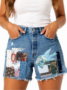 Upcycled Levi's Blue Patchwork High-Rise Jean Shorts